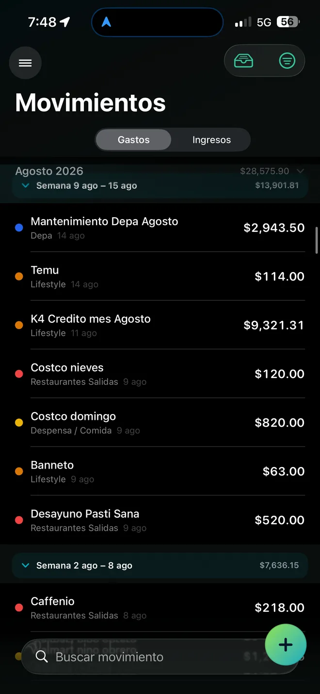 La lista de movimientos de CUANTIA, clasificados por categoría.