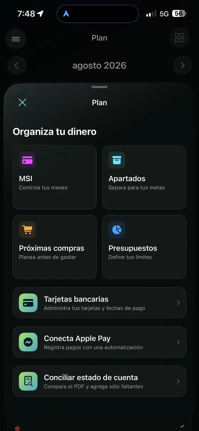 La pantalla Organiza tu dinero de CUANTIA: meses sin intereses, apartados y próximas compras.
