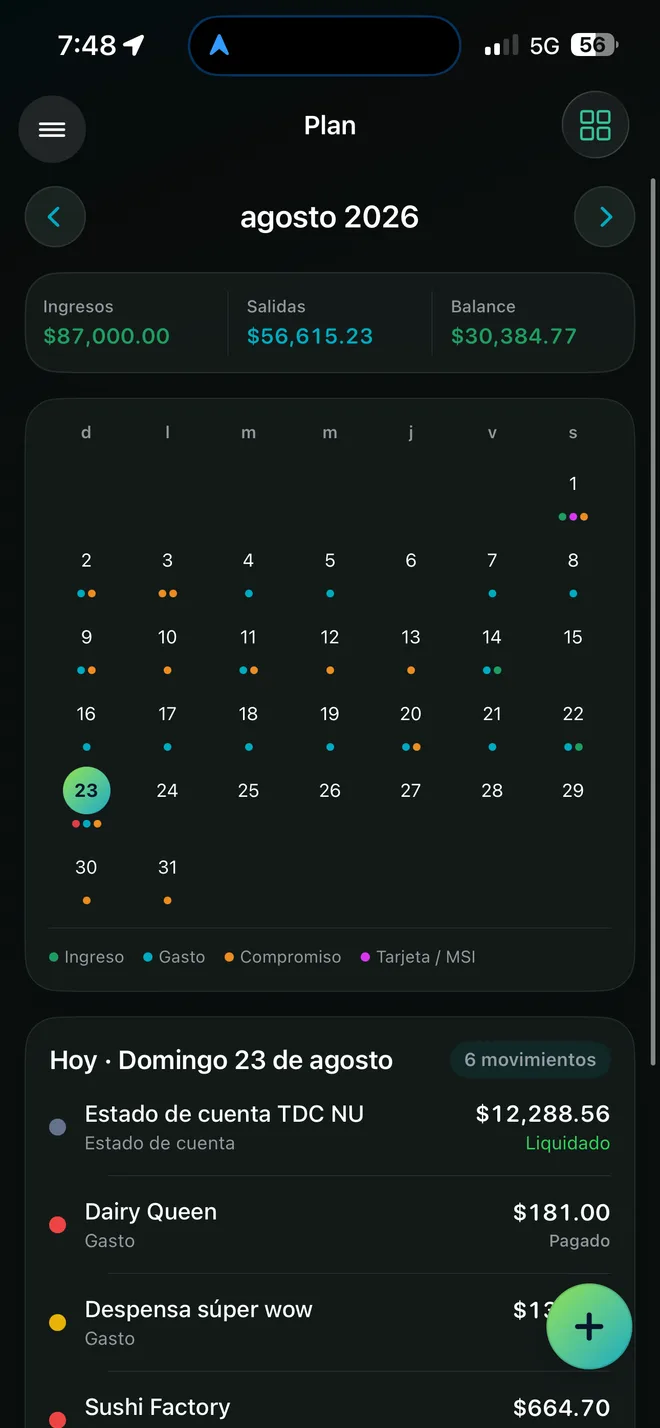 La pantalla Plan de CUANTIA: el calendario del mes con los días marcados.