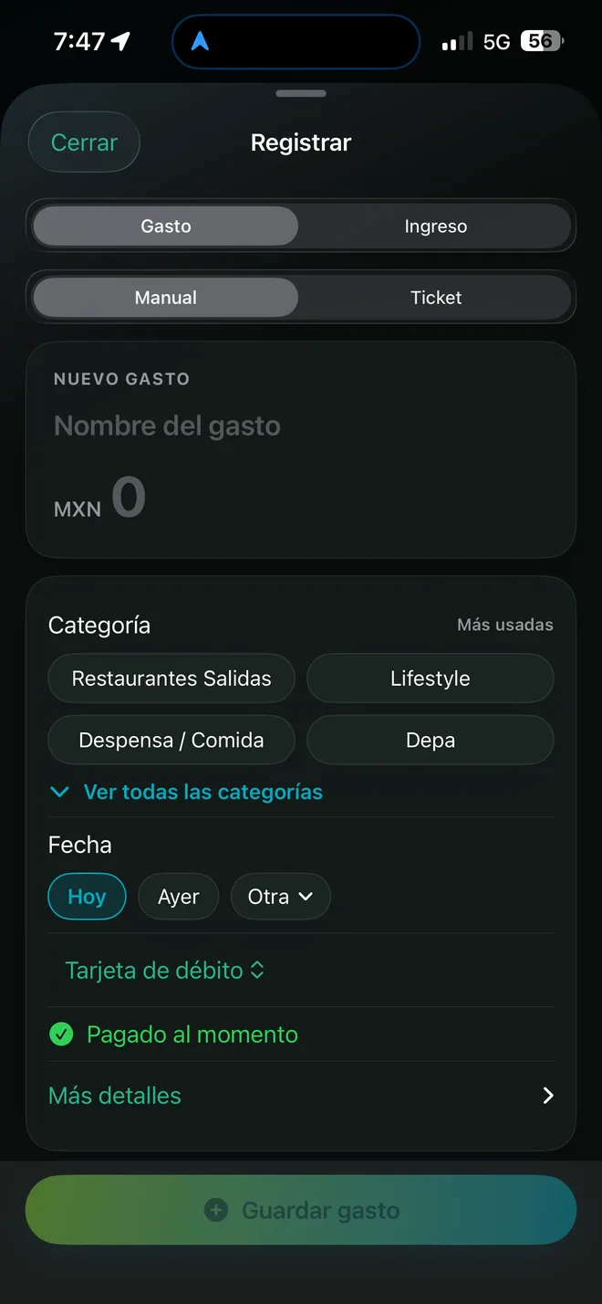 La pantalla Registrar de CUANTIA, con un gasto nuevo y su categoría.