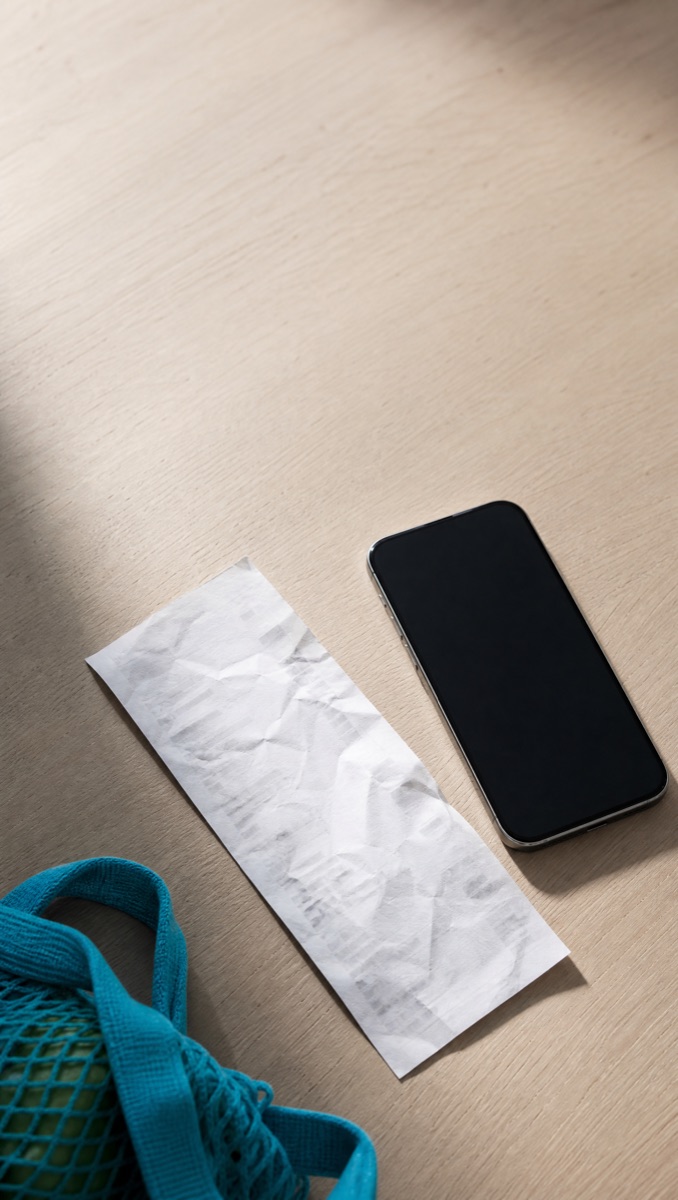 Un ticket de compra y un teléfono sobre una mesa de madera, con luz natural.